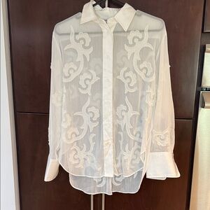 Zara White Sheer Embroidered Button Down Shirt